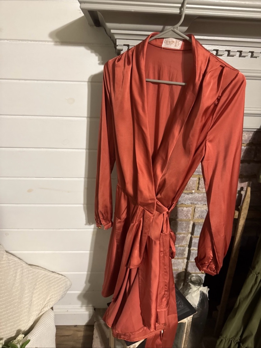 CLUB LONDON Satin Wrap DRESS in Burnt Coral with Tie Waist EUC